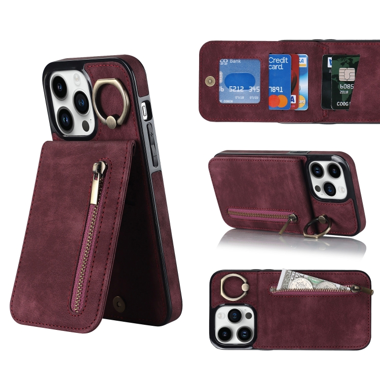 

For iPhone 14 Plus Retro Ring and Zipper RFID Card Slot Phone Case(Wine Red)