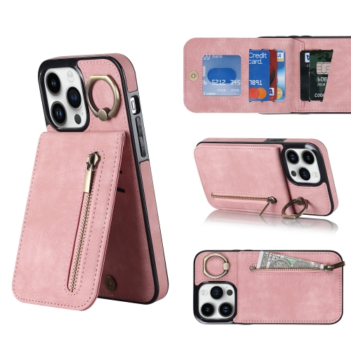 

For iPhone 14 Pro Retro Ring and Zipper RFID Card Slot Phone Case(Pink)