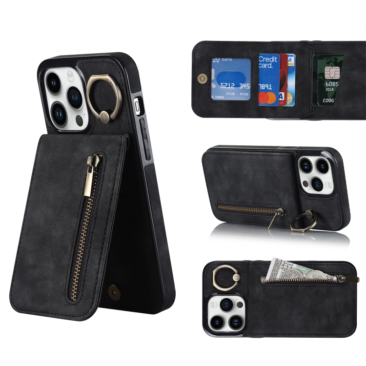 

For iPhone 14 Pro Max Retro Ring and Zipper RFID Card Slot Phone Case(Black)