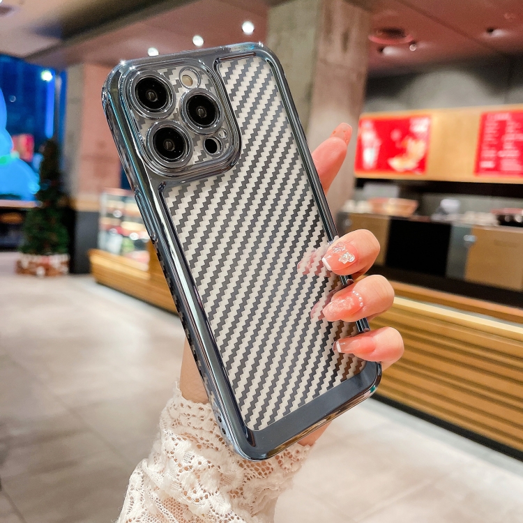 

For iPhone 14 Pro Max Electroplated Carbon Fiber Texture Phone Case(Blue)