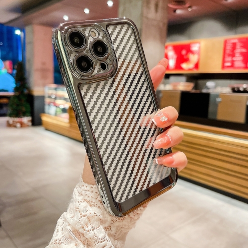 

For iPhone 14 Plus Electroplated Carbon Fiber Texture Phone Case(Black)