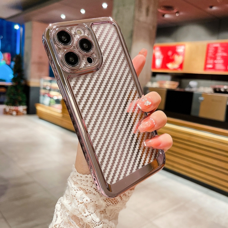 

For iPhone 12 Pro Electroplated Carbon Fiber Texture Phone Case(Pink)