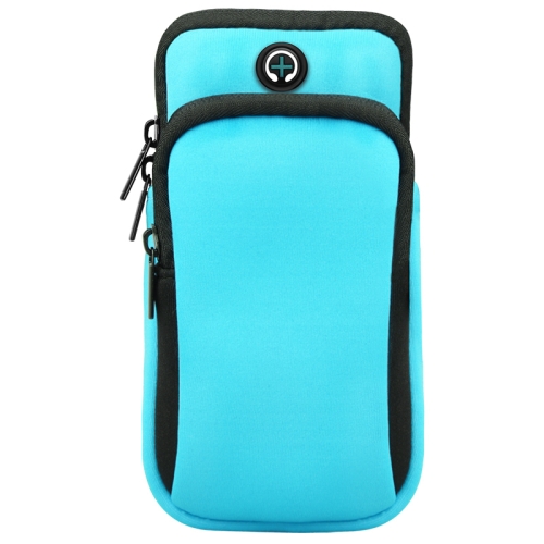 

For Smart Phones Below 6.0 inch Zipper Double Pocket Multi Function Sports Arm Bag with Earphone Hole(Sky Blue)
