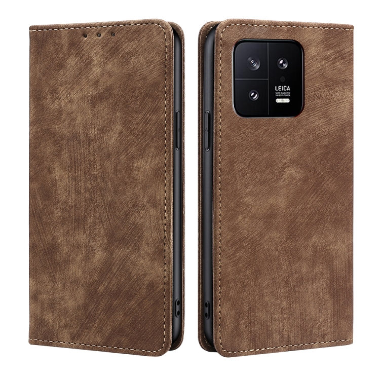 

For Xiaomi 13 RFID Anti-theft Brush Magnetic Leather Phone Case(Brown)