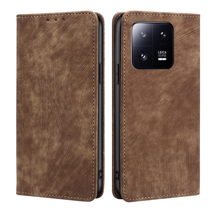 

For Xiaomi 13 Pro RFID Anti-theft Brush Magnetic Leather Phone Case(Brown)