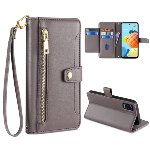 

For LG K52 Sheep Texture Cross-body Zipper Wallet Leather Phone Case(Grey)