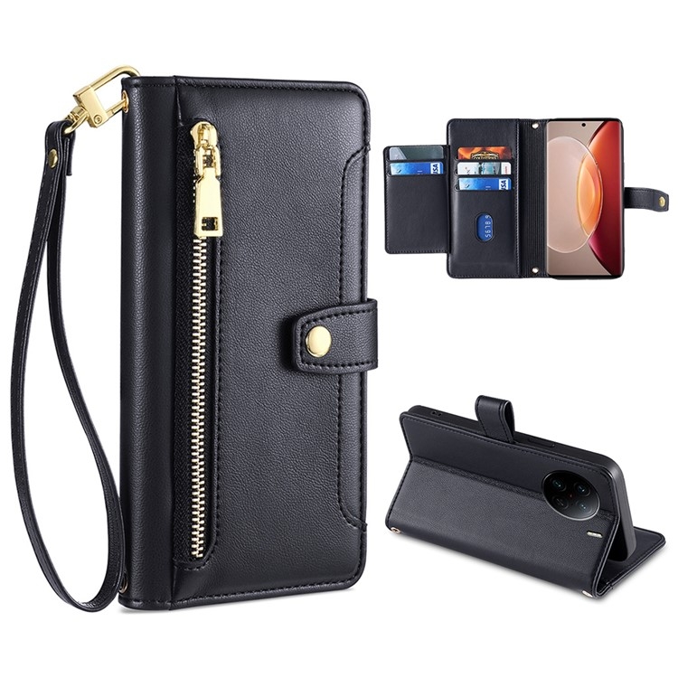 

For vivo X90 Pro / X90 Pro+ Sheep Texture Cross-body Zipper Wallet Leather Phone Case(Black)