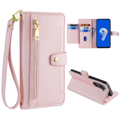 

For ASUS Zenfone 9 / Zenfone 9Z Sheep Texture Cross-body Zipper Wallet Leather Phone Case(Pink)