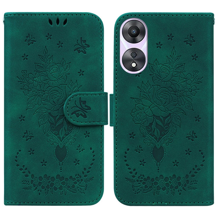 

For OPPO A58 Butterfly Rose Embossed Leather Phone Case(Green)