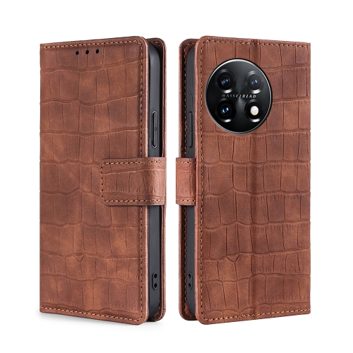 

For OnePlus 11 Skin Feel Crocodile Magnetic Clasp Leather Phone Case(Brown)