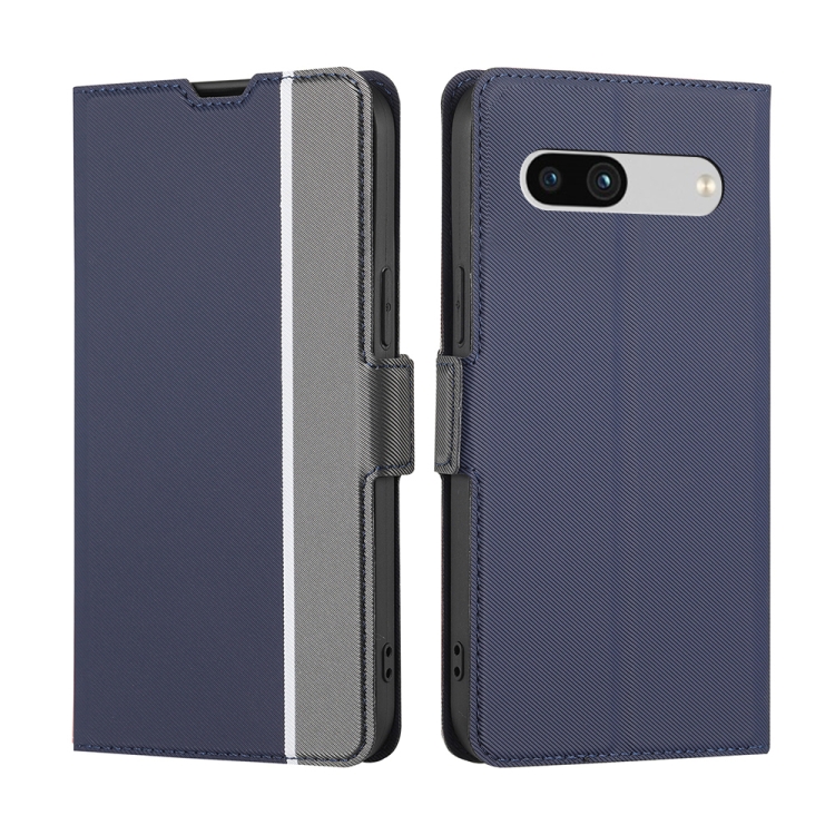 

For Google Pixel 7a Twill Texture Side Button Leather Phone Case(Blue)