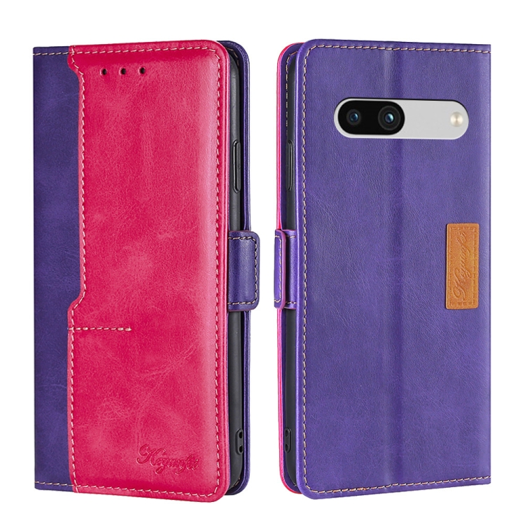 

For Google Pixel 7a Contrast Color Side Buckle Leather Phone Case(Purple + Rose Red)