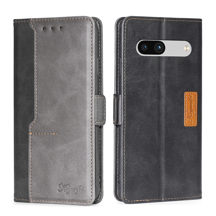

For Google Pixel 7a Contrast Color Side Buckle Leather Phone Case(Black + Grey)