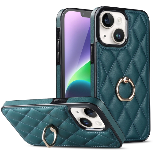 

For iPhone 14 Rhombic PU Leather Phone Case with Ring Holder(Green)