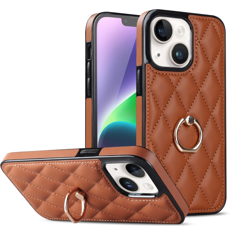 

For iPhone 14 Rhombic PU Leather Phone Case with Ring Holder(Brown)