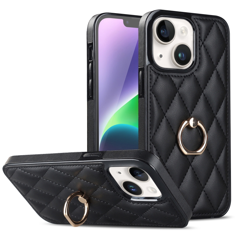 

For iPhone 14 Plus Rhombic PU Leather Phone Case with Ring Holder(Black)