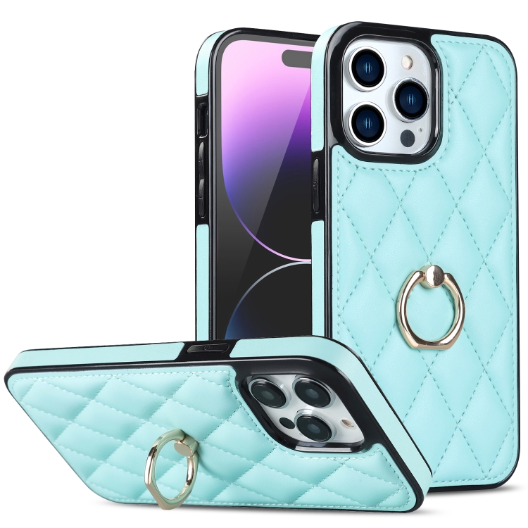 

For iPhone 14 Pro Rhombic PU Leather Phone Case with Ring Holder(Blue)