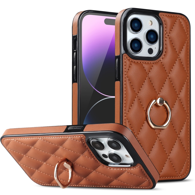 

For iPhone 14 Pro Rhombic PU Leather Phone Case with Ring Holder(Brown)