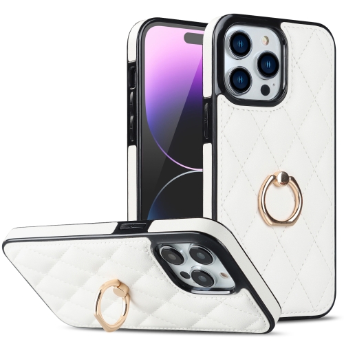 

For iPhone 14 Pro Max Rhombic PU Leather Phone Case with Ring Holder(White)