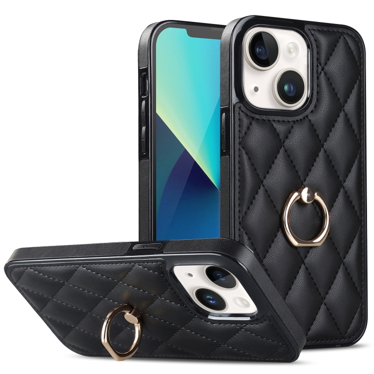 

For iPhone 13 mini Rhombic PU Leather Phone Case with Ring Holder(Black)