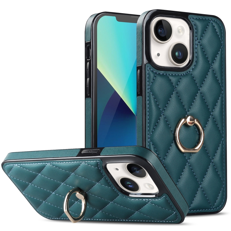 

For iPhone 13 Rhombic PU Leather Phone Case with Ring Holder(Green)
