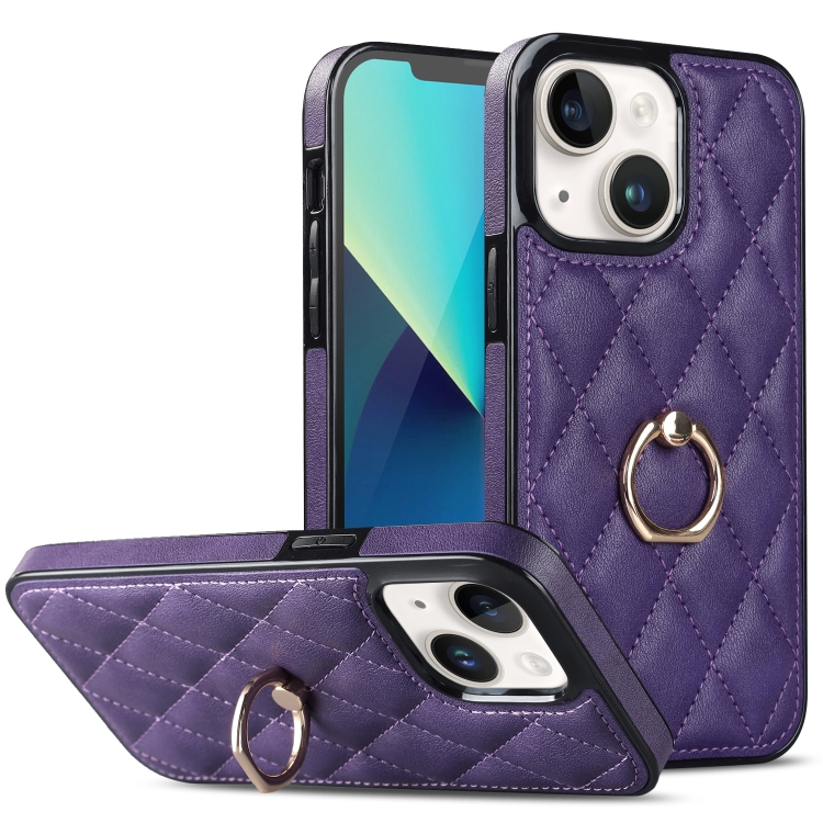 

For iPhone 13 Rhombic PU Leather Phone Case with Ring Holder(Purple)