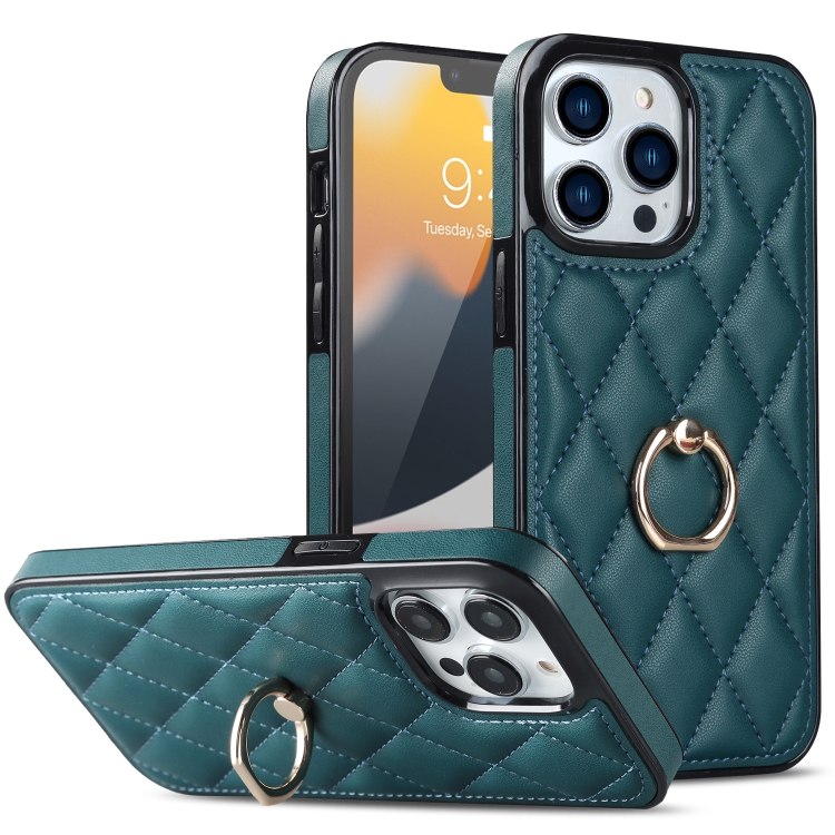 

For iPhone 13 Pro Rhombic PU Leather Phone Case with Ring Holder(Green)