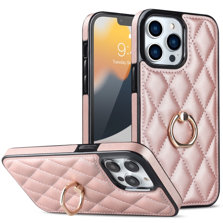 

For iPhone 13 Pro Max Rhombic PU Leather Phone Case with Ring Holder(Rose Gold)