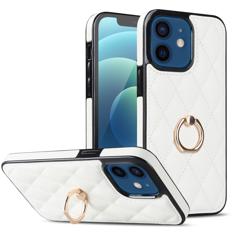

For iPhone 12 mini Rhombic PU Leather Phone Case with Ring Holder(White)