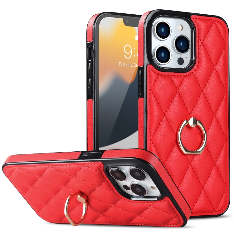

For iPhone 12 / 12 Pro Rhombic PU Leather Phone Case with Ring Holder(Red)