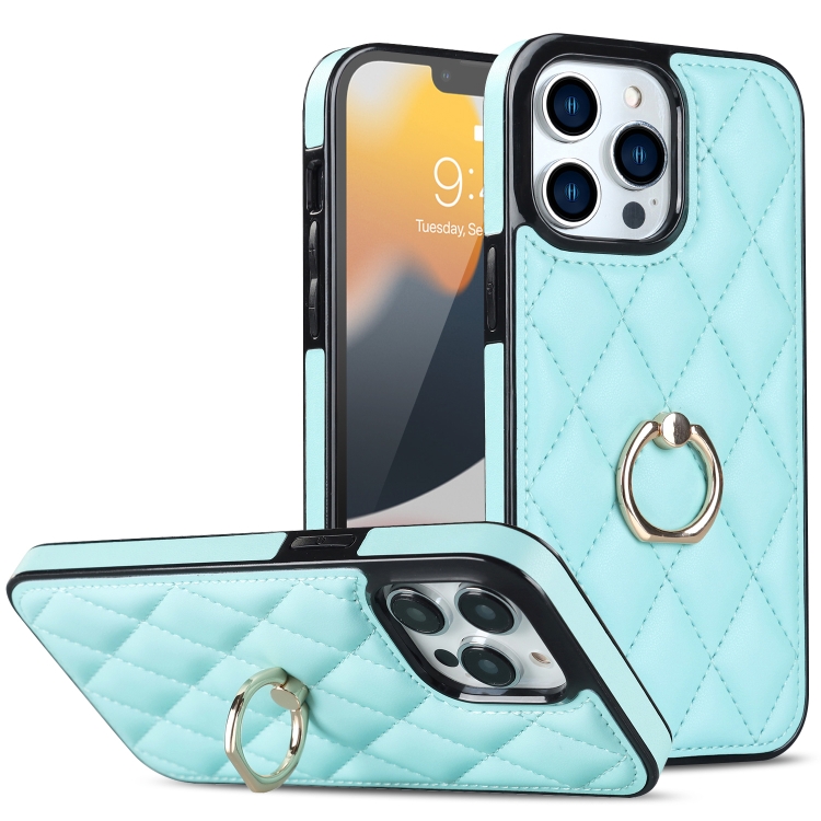 

For iPhone 12 / 12 Pro Rhombic PU Leather Phone Case with Ring Holder(Blue)