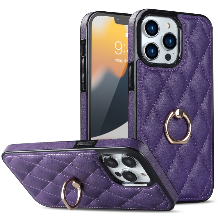 

For iPhone 12 Pro Max Rhombic PU Leather Phone Case with Ring Holder(Purple)