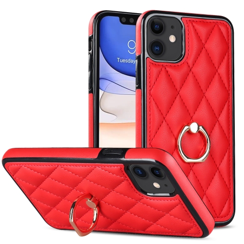 

For iPhone 11 Rhombic PU Leather Phone Case with Ring Holder(Red)