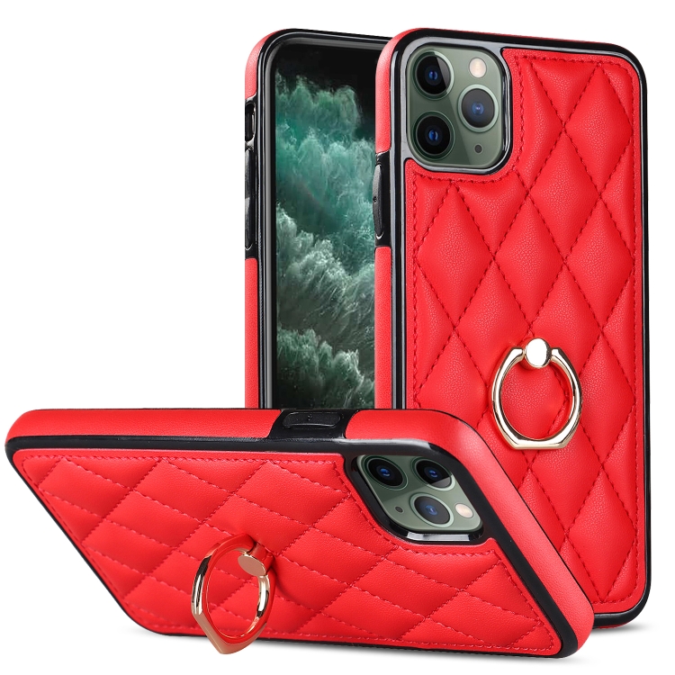 

For iPhone 11 Pro Max Rhombic PU Leather Phone Case with Ring Holder(Red)