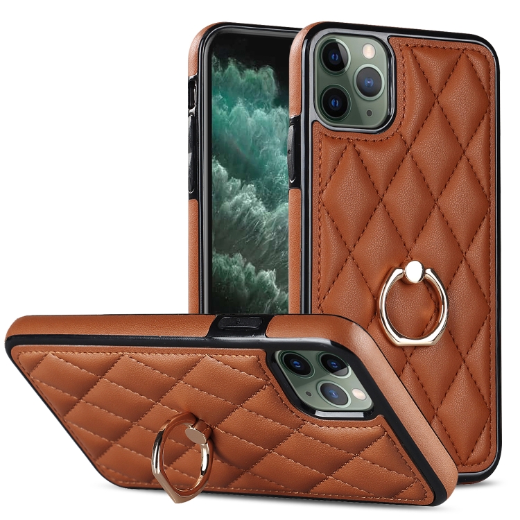 

For iPhone 11 Pro Max Rhombic PU Leather Phone Case with Ring Holder(Brown)