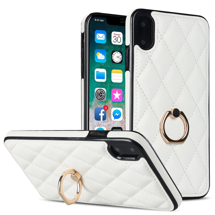

For iPhone X / XS Rhombic PU Leather Phone Case with Ring Holder(White)