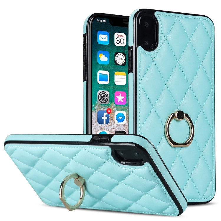 

For iPhone X / XS Rhombic PU Leather Phone Case with Ring Holder(Blue)