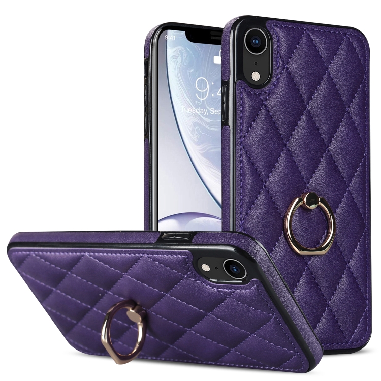 

For iPhone XR Rhombic PU Leather Phone Case with Ring Holder(Purple)