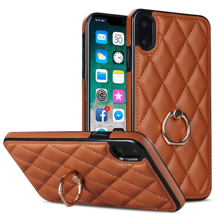 

For iPhone XS Max Rhombic PU Leather Phone Case with Ring Holder(Brown)