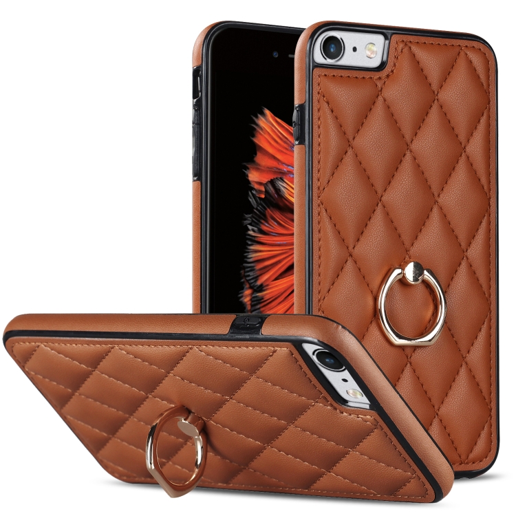 

For iPhone SE 2020 / SE 2022 / 7 / 8 Rhombic PU Leather Phone Case with Ring Holder(Brown)