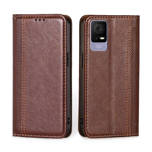 

For TCL 405 / 406 / 408 Grid Texture Magnetic Flip Leather Phone Case(Brown)