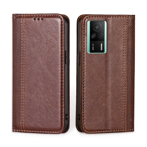 

For Xiaomi Redmi K60E Grid Texture Magnetic Flip Leather Phone Case(Brown)