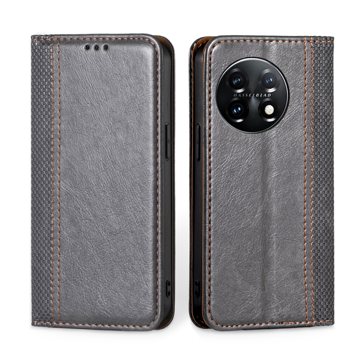 

For OnePlus 11 Grid Texture Magnetic Flip Leather Phone Case(Grey)