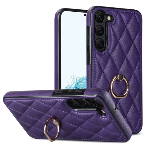 

For Samsung Galaxy S23 5G Rhombic PU Leather Phone Case with Ring Holder(Purple)