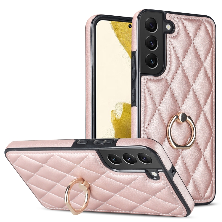 

For Samsung Galaxy S22 5G Rhombic PU Leather Phone Case with Ring Holder(Rose Gold)