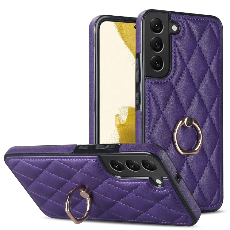 

For Samsung Galaxy S22+ 5G Rhombic PU Leather Phone Case with Ring Holder(Purple)