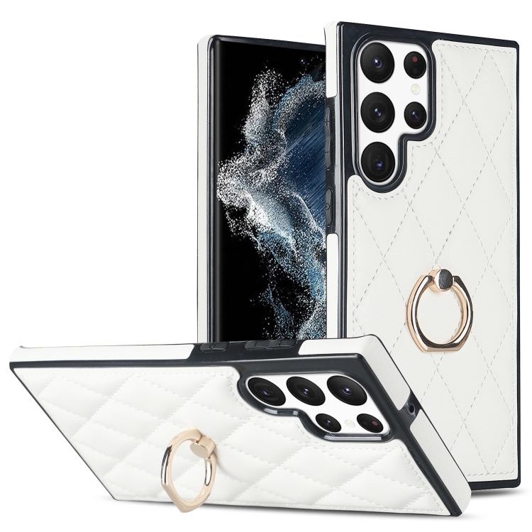 

For Samsung Galaxy S22 Ultra 5G Rhombic PU Leather Phone Case with Ring Holder(White)
