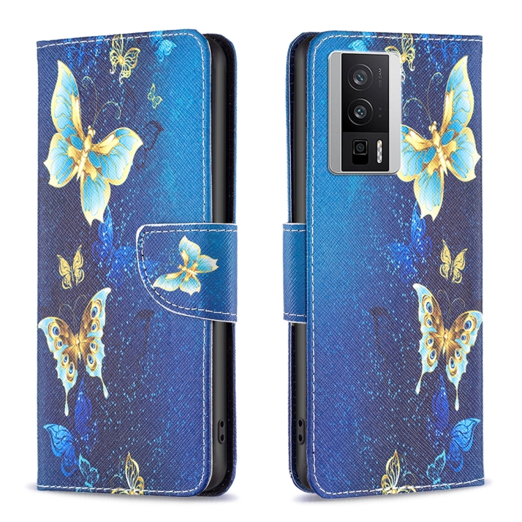 

For Xiaomi Redmi K60 / K60 Pro Colored Drawing Pattern Leather Phone Case(Gold Butterfly)
