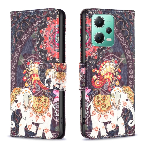 

For Xiaomi Redmi Note 12 Global Colored Drawing Pattern Leather Phone Case(Flowers Elephant)