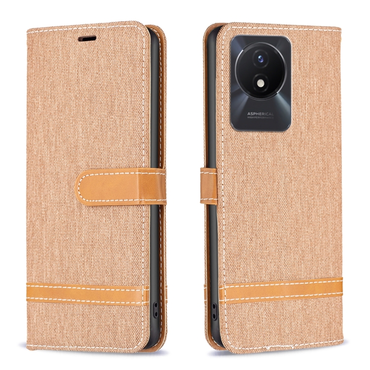

For vivo Y02 4G Color Block Denim Texture Leather Phone Case(Brown)